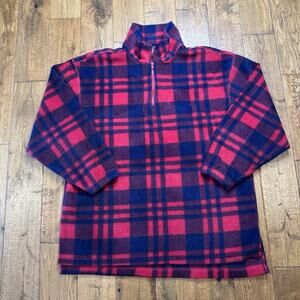 VTG Denim Closet Red & Black Buffalo Plaid Fleece Half Zip Sweater Womens Sz L